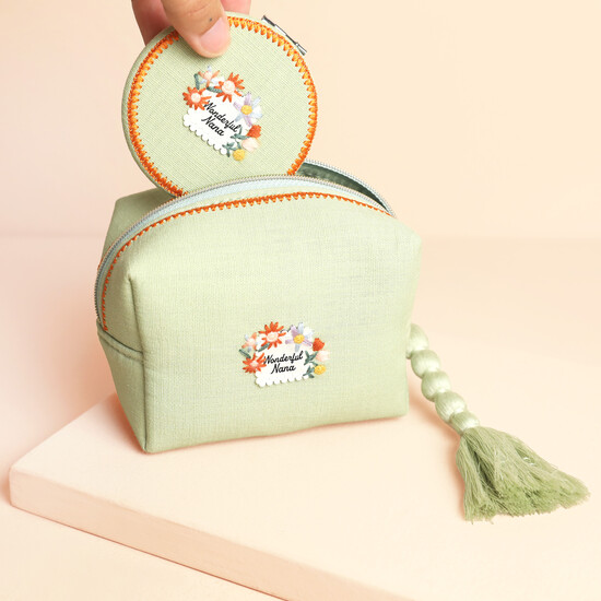 Small Green Embroidered Wonderful Nana Cosmetic Bag