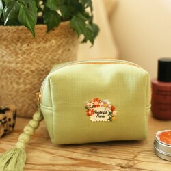 Small Green Linen Wonderful Nana Embroidered Makeup Bag