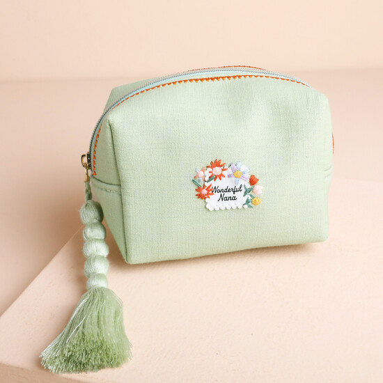 Small Green Linen Wonderful Nana Embroidered Makeup Bag