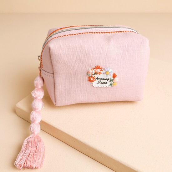 Small Pink Linen Amazing Mama Embroidered Makeup Bag