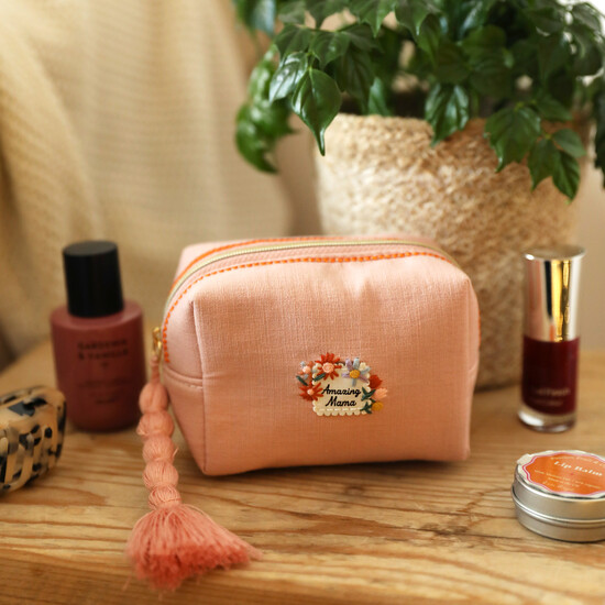 Small Pink Linen Amazing Mama Embroidered Makeup Bag