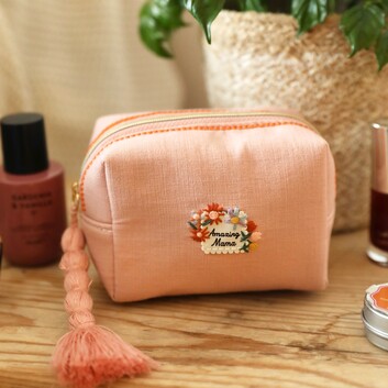 Small Pink Linen Amazing Mama Embroidered Makeup Bag