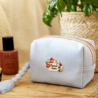 Small Blue Linen Dearest Sister Embroidered Makeup Bag