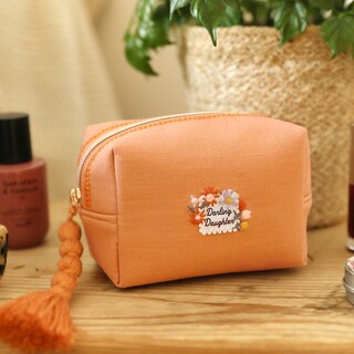 Small Orange Linen Darling Daughter Embroidered Makeup Bag