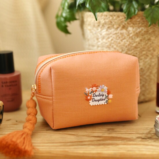 Small Orange Linen Darling Daughter Embroidered Makeup Bag