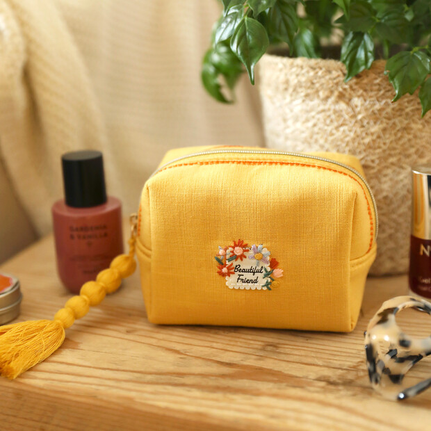 Small Yellow Linen Beautiful Friend Embroidered Makeup Bag
