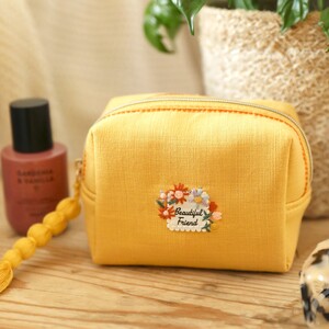 Small Yellow Linen Beautiful Friend Embroidered Makeup Bag