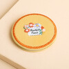 Closed yellow fabric compact mirror embroidered with flowers and Beautiful Friend wording.