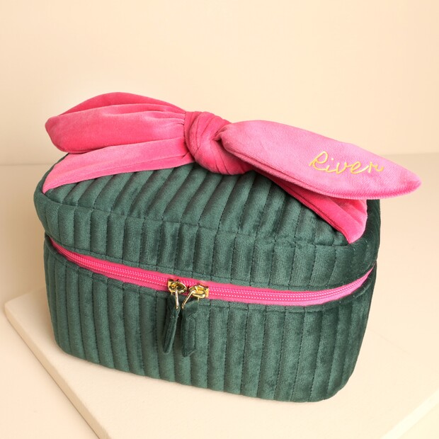 Personalised Name Large Green And Pink Velvet Bow Vanity Makeup Bag