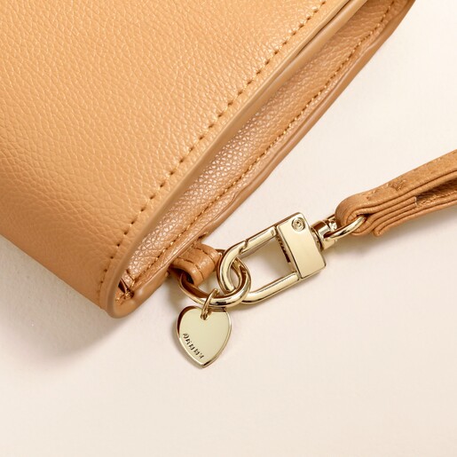 Gold Heart Charm with Personalisation Hand Stamped on Tan Faux Leather Bag