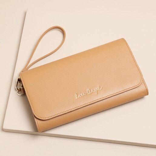 Soft Faux Leather Tan Clutch Bag with Wrist Strap