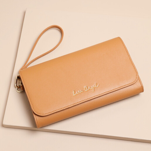 Soft Faux Leather Tan Clutch Bag with Wrist Strap