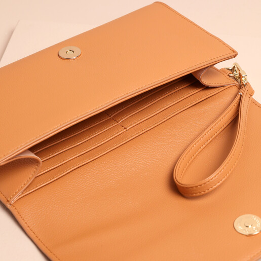 Close Up of Card Holder Compartments Inside Tan Faux Leather Clutch