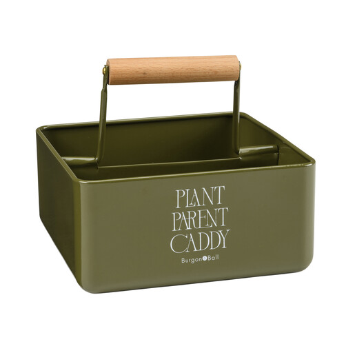 Burgon and Ball olive green Plant Parent steel caddy on white background