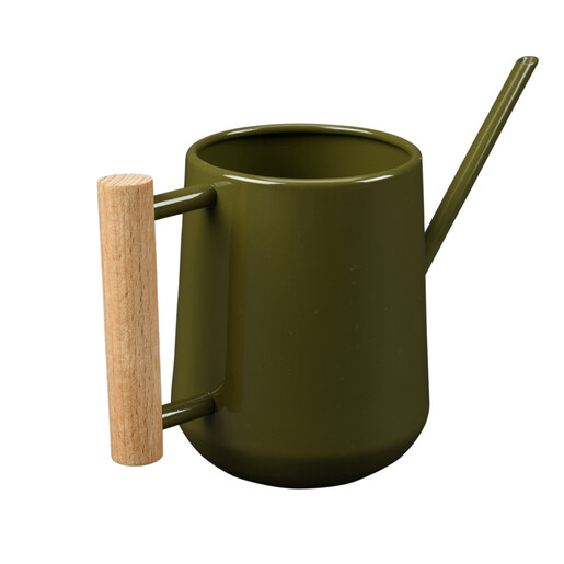 Burgon and Ball olive green steel indoor watering can with wooden handle