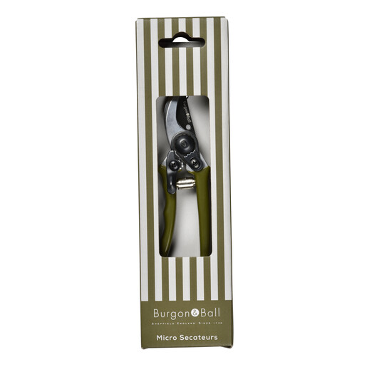Burgon and Ball micro secateurs in olive green inside their striped gift box packaging