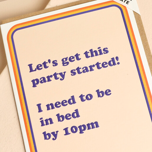 Close-up of purple party started quote on Cath Tate retro birthday card
