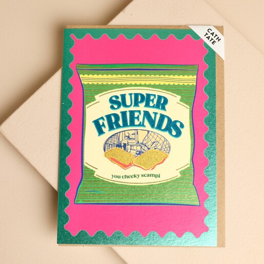 Cath Tate Super Friends greetings card with retro scampi crisp packet and kraft envelope.