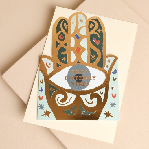 Cath Tate Good Vibes die-cut Hamsa birthday card with envelope