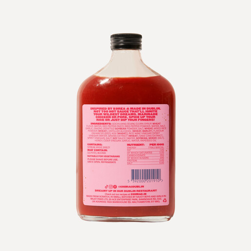 Back of Chimac Korean hot sauce bottle displaying ingredients and nutritional information