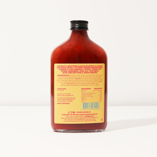 Back of Chimac Kimchi Ketchup bottle showing ingredients list and nutritional information