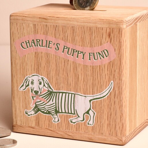 Personalised wooden money box featuring an illustrated dachshund and puppy fund banner