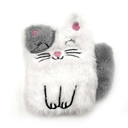 Soft white and grey faux fur cat shaped hand warmer with embroidered face