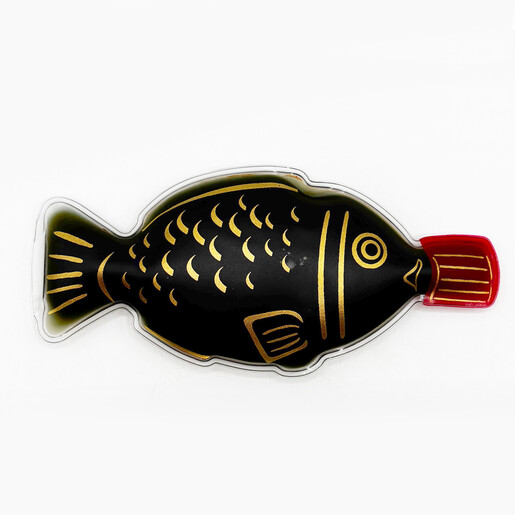 Novelty fish shaped soy sauce hand warmer with gold details and red cap