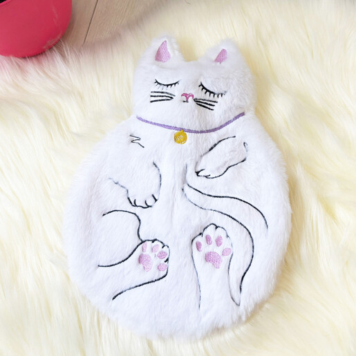 Plush white cat shaped hot water bottle with pink paw pads on faux fur