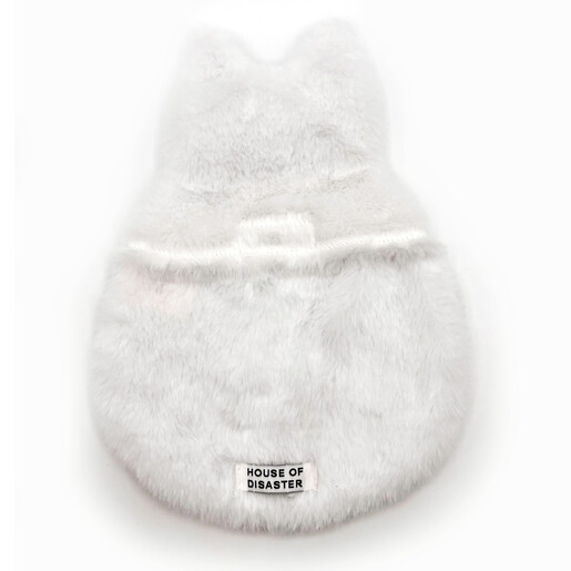 Reverse view of sleeping cat hot water bottle showing envelope opening and brand label