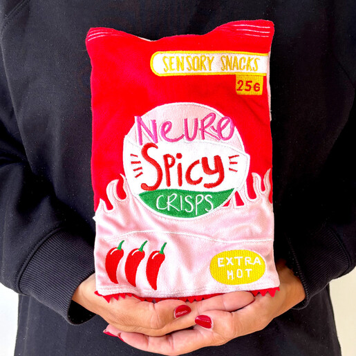 House of Disaster Neurospicy crisp packet hot water bottle held in two hands