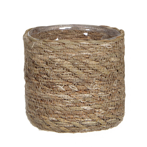 Round woven natural seagrass plant basket pot with clear plastic lining