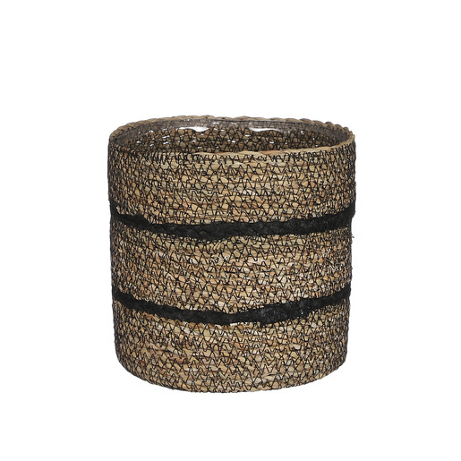 Cylindrical woven seagrass plant basket featuring contrasting black stripe accents