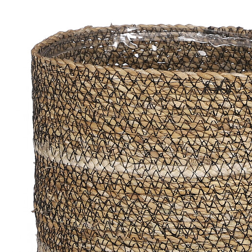 Close up of the woven seagrass texture and plastic inner lining of plant basket