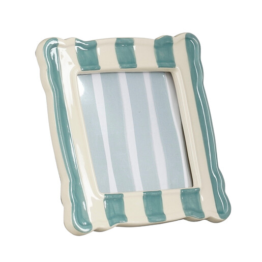 Freestanding ceramic picture frame with wavy border and painted blue and cream stripes