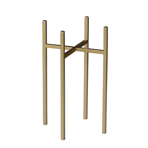 Modern gold metal four-legged plant stand on a plain white background.