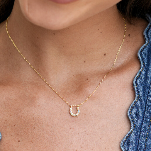 Model wearing the delicate Estella Bartlett colourful crystal gold horseshoe necklace