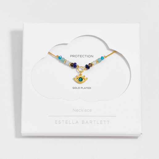 Estella Bartlett evil eye beaded necklace displayed on branded cloud gift packaging