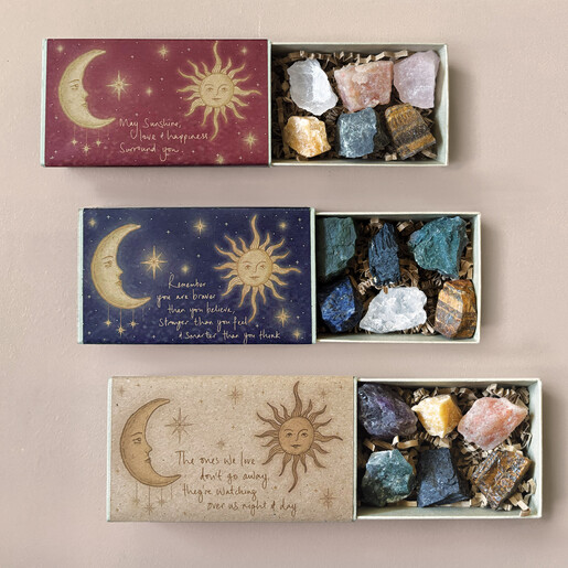 Three different East of India crystal sets in illustrated celestial matchboxes