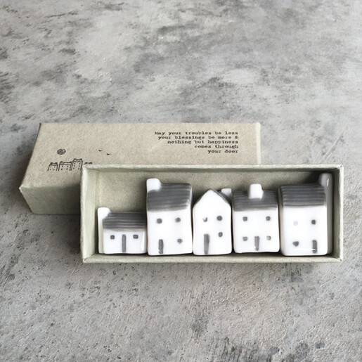 East of India miniature ceramic house ornaments displayed inside a printed gift box