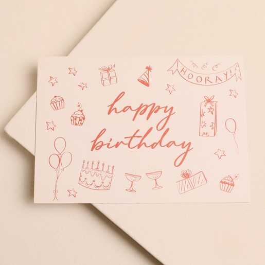 Happy Birthday Hooray notecard with hand-drawn party illustrations on pale pink card