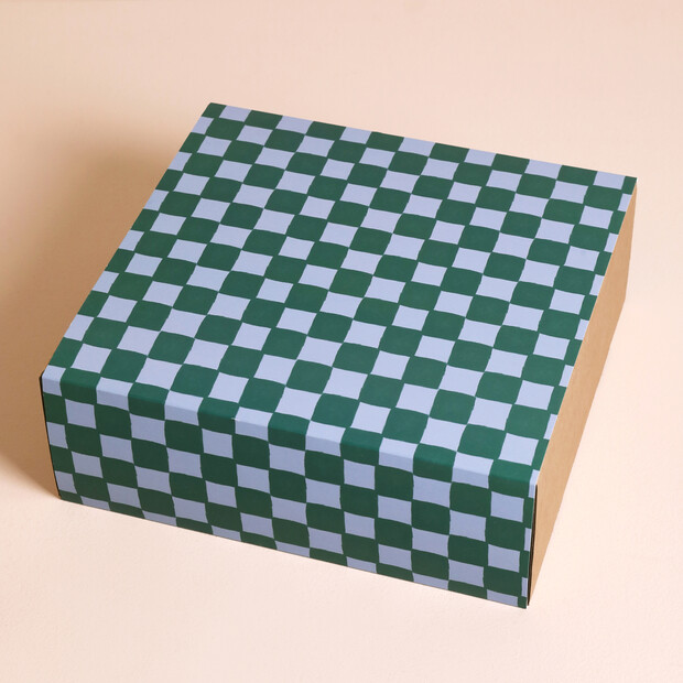Kraft Gift Box with Blue & Green Checkerboard Sleeve