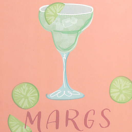 Close up of the colourful margarita cocktail illustration and lime slices on pink print
