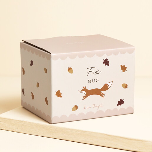 Matching illustrated Fox Mug gift box with autumn leaf motifs