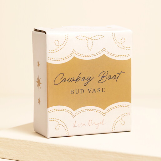 Illustrated gift box packaging for the cowboy boot bud vase