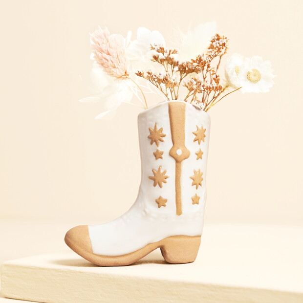 Cream Ceramic Cowboy Boot Bud Vase