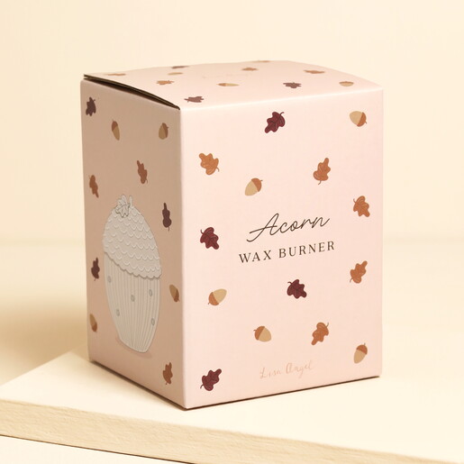 Illustrated gift box packaging for the ceramic acorn wax melt burner