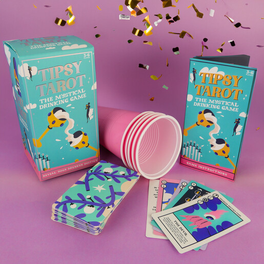 Tipsy Tarot mystical drinking game with card deck, pink cups and instruction booklet