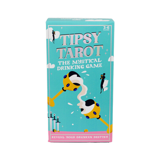 Front view of the teal Tipsy Tarot mystical drinking game packaging box