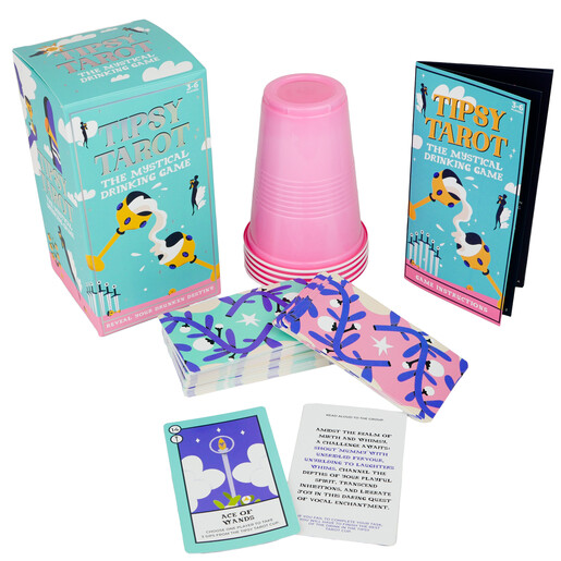 Complete Tipsy Tarot drinking game set including box, cards, cups and guide